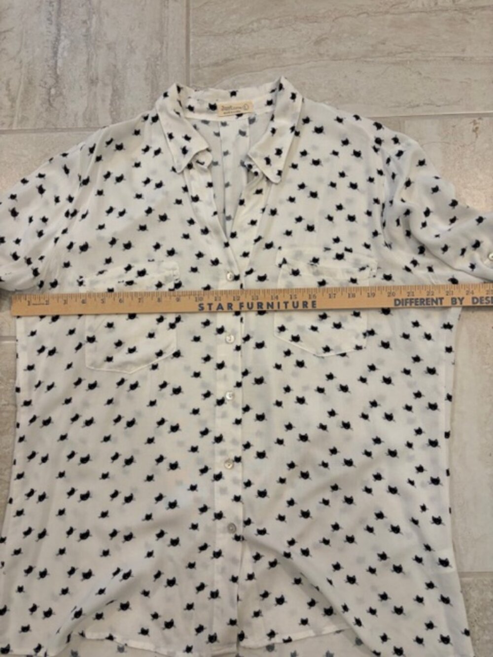 Just Living Black&White Cat Print Long Sleeve Roll Tab Blouse Large Novelty Boho - Picture 10 of 10